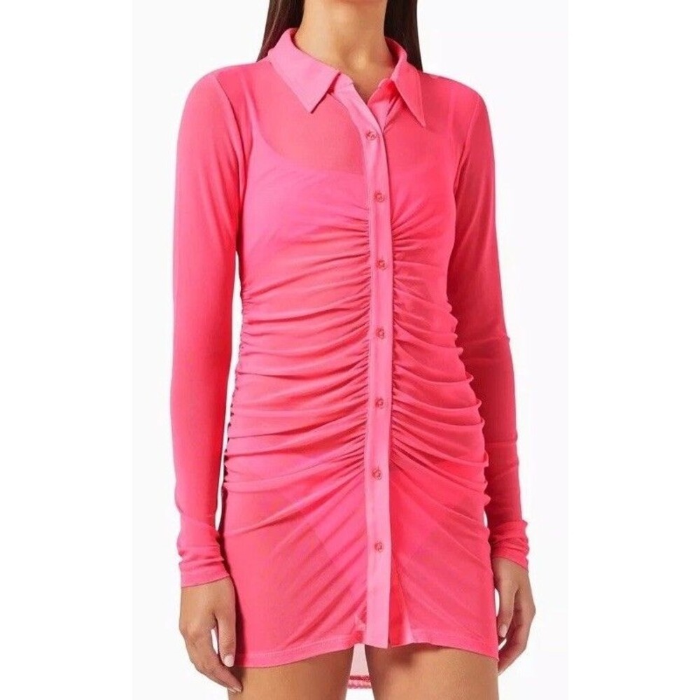 Good American Large Pink Sheer Mesh Ruched Long Sleeve Minidress Shirt Coverup